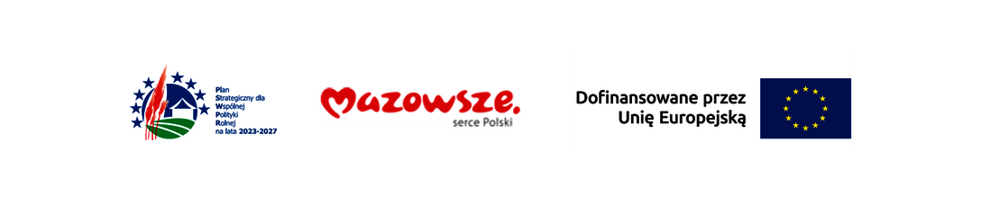 Zestaw logotypów - logotyp Plan Strategiczny Wspólnej Polityki Rolnej na lata 2023-2027, logotyp Mazowsze. serce Polski, logotyp Unii Europejskiej